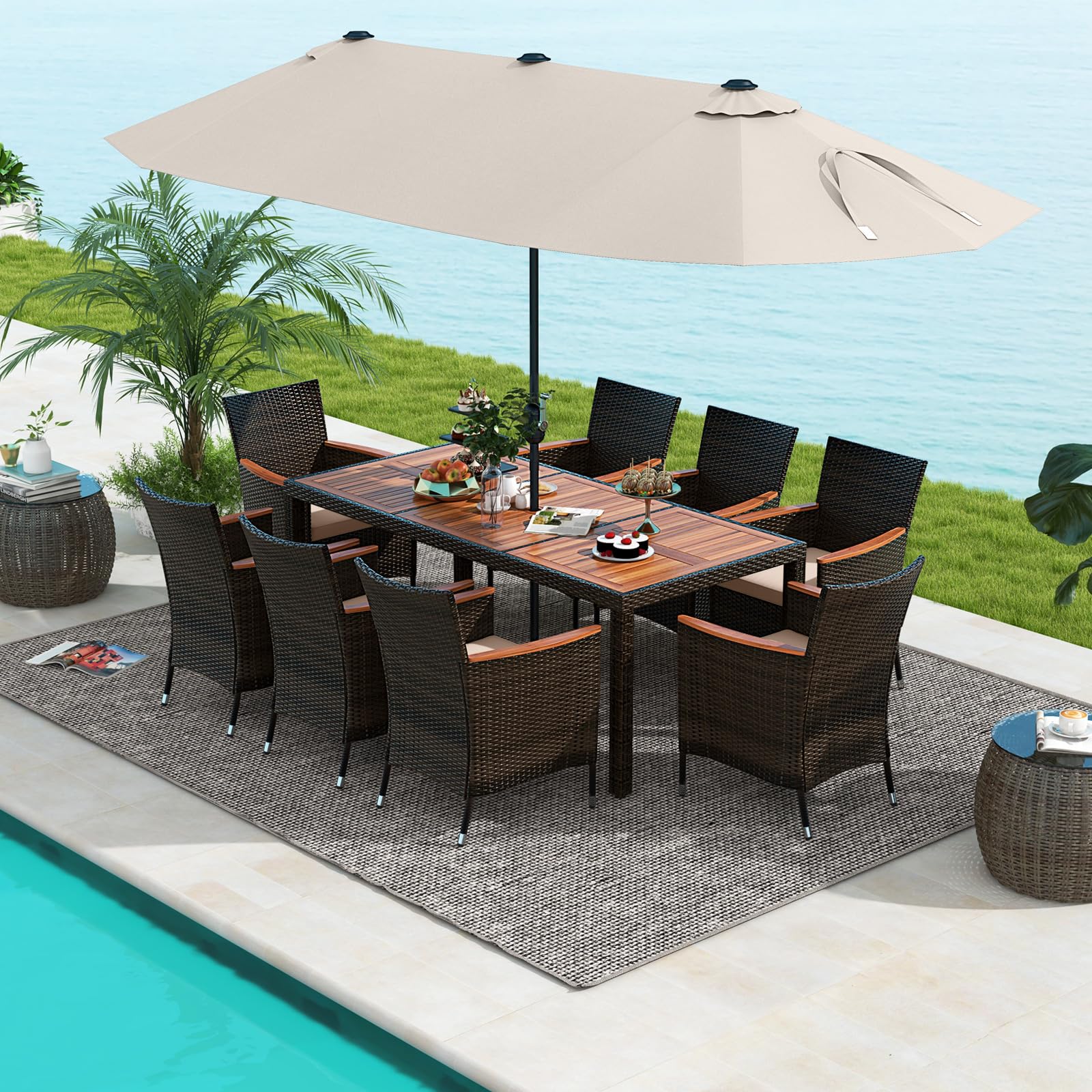Ensemble de salle à manger Tangkula 11 pièces pour terrasse avec parasol déporté à LED de 4,5 m (socle inclus)